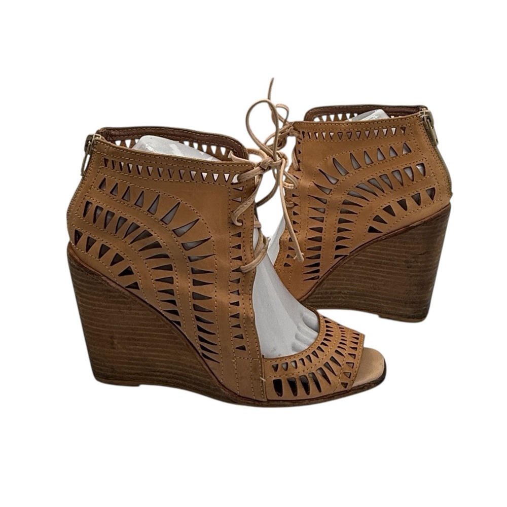Jeffrey Campbell Tan Radillo-Hi Laser Cut Lace-Up Wedge Sandals Size 8.5 Women’s